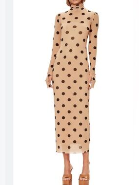 AFRM (Revolve) Beige Long Sleeve Polka Dot Midi Dress